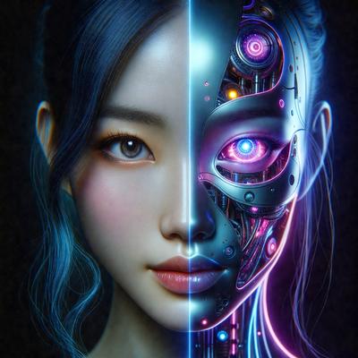 The primary subject of the image is a woman with a mix of human and robotic features. She has a human face with a pink lipstick and blue eyes, but her head is also connected to a robotic body. The setting is a dark room, and the visual style is a digital art or illustration. The colors and mood of the image are predominantly blue and purple, giving it a futuristic and surreal appearance.